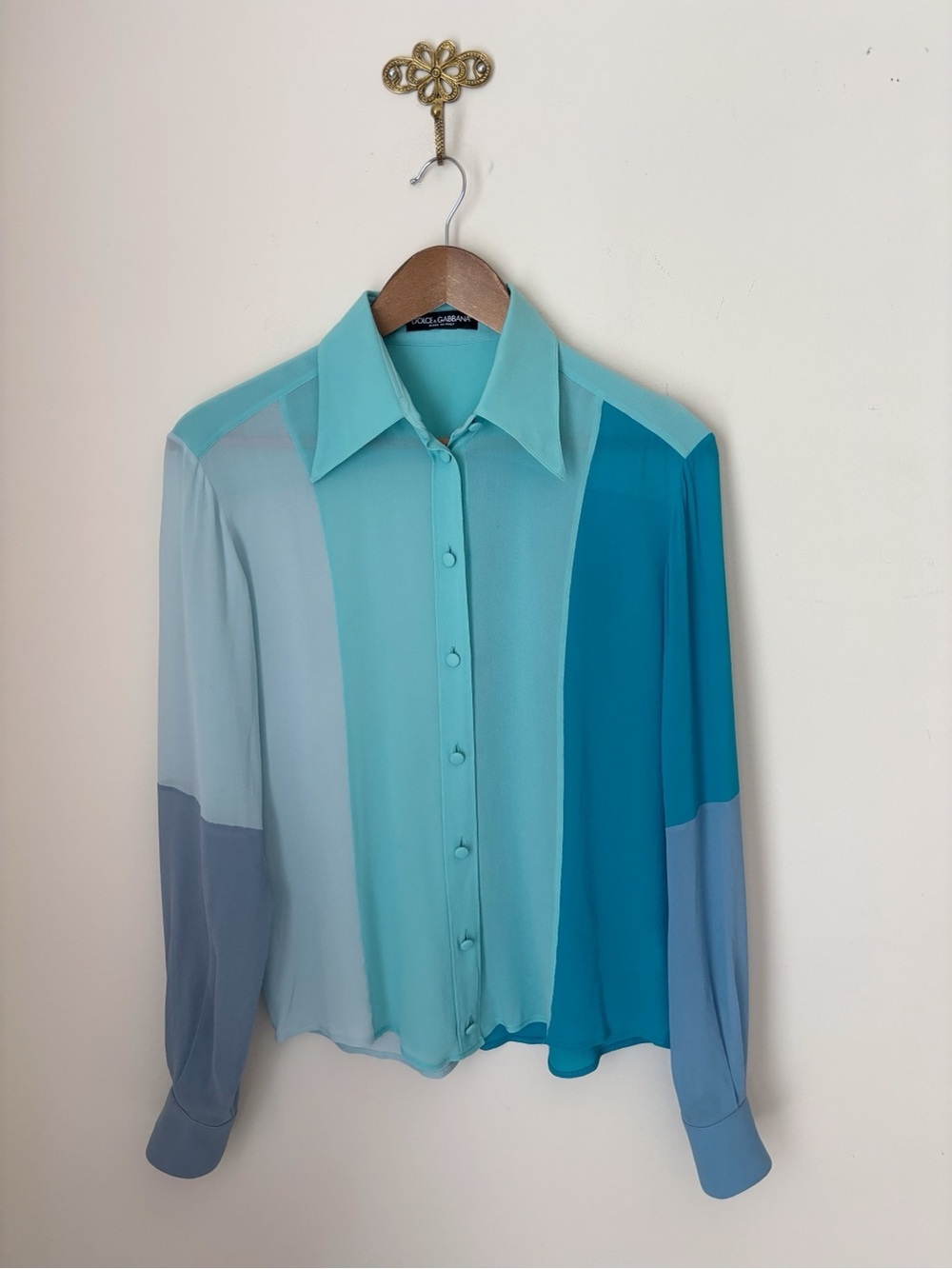 Dolce & Gabbana Blue Silk Chiffon Colorblock Long Sleeve Shirt Sz 36 US 0